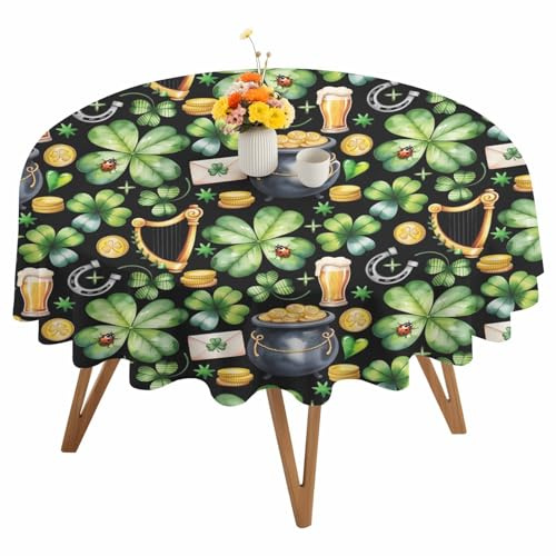 Liajuuhlgas St. Patrick's Day Round Tablecloth 54 Inch, Shamrock Beer Gold Coin Round Table Cloth Waterproof & Washable Table Cover Decorative Tablecloth for Kitchen Dining Picnic Camping Party