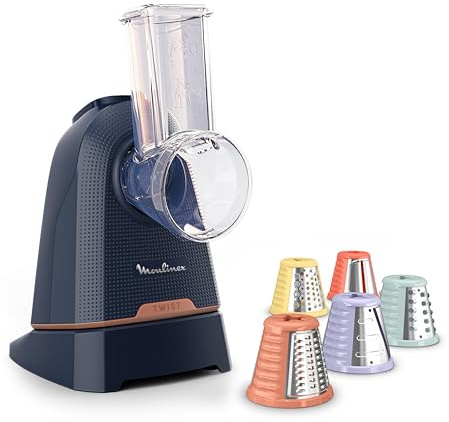 Moulinex - Fresh Express Twist Découpe-légumes électrique 5 fonctions Bleu | Râpe à légumes avec système Twist breveté, service direct - 5 cônes inox pour trancher, émincer, couper et râper vos aliments