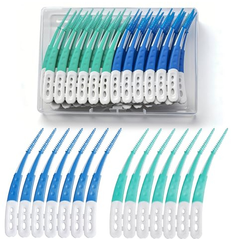 Scovolini Dentali,84pcs Forma Curva Scovolino Denti Scovolini interdentali pazzolini Scovolini Silicone,Strumento per Pulizia Orale di Denti, Gengive e Residui Cibo con Scatola(Blu,Verde)