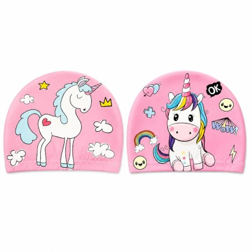 Dargkwn Lot de 2 Bonnets de Bain Enfant pour Piscine et Cours de Natation | Parfaitement adapté pour la piscine scolaire et le club S'adapte facilement aux cheveux courts et longs