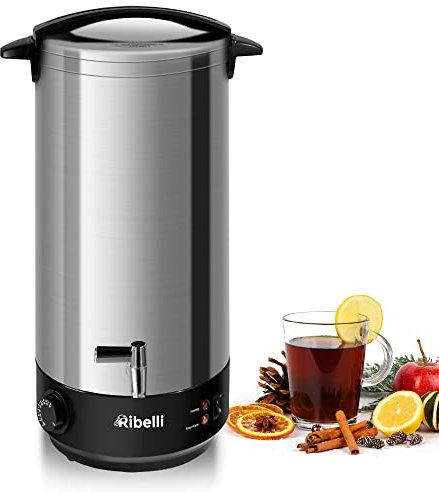 Ribelli 22L Doppelwandiger Glühweinkocher mit Metall Zapfhahn, Heißgetränkespender aus Edelstahl, Temperatureinstellung von 30 bis 100°C, Einkochautomat Heißwasserspender, auch als Dampfgarer