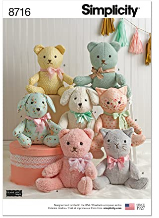 Simplicity 8716 Schnittmuster für Stofftiere, Bär, Katze und Hund, Einheitsgröße