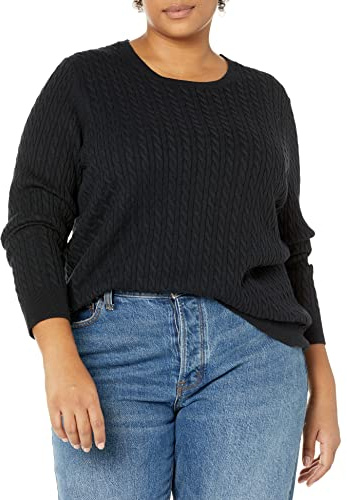Amazon Essentials Women's Lightweight Cable-Knit Long-Sleeve Jumper, Black, L
