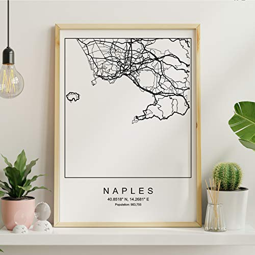 Nacnic Stampa artistica cartina geografica della città di Napoli, Italia. Mappa della città dell'arte, stile nordico in bianco e nero. Italy, Europa.