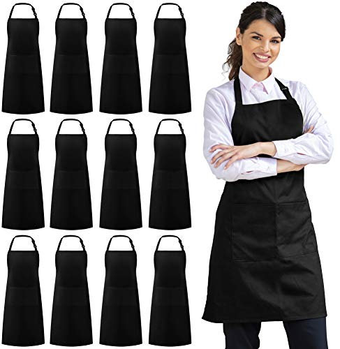 Syntus 12 Pack Bib Apron, Unisex Aprons Adjustable Waterdrop Resistant with 2 Pockets Cooking Kitchen Apron for Chef, BBQ Drawing Apron Bulk, Black