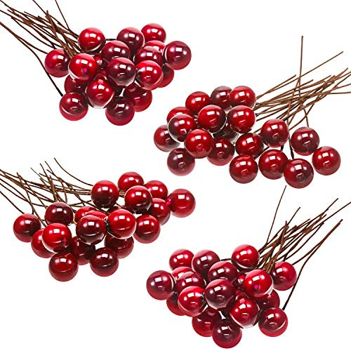 BBTO 100 Pack Artificial Holly Berries Mini 10 mm Christmas Fake Berries Stems Crafts Faux on Wire for Christmas Tree Decoration Flower Branches Ornament Wreath DIY Winter Home(Wine Red)