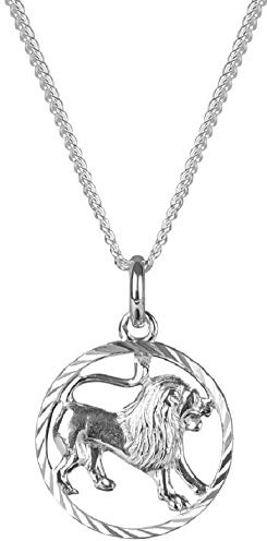 Pendentif Ø 15 mm en argent 925 avec signe du zodiaque Lion et chaîne gourmette 1,4 mm Pendentif unisexe Boîte à bijoux, Argent
