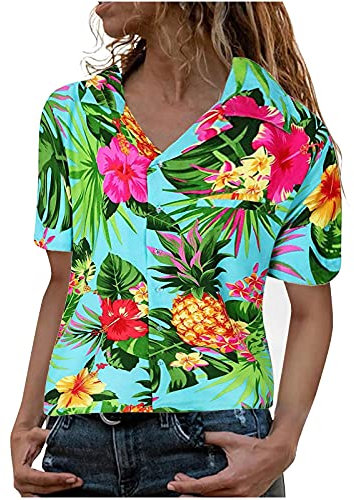 STPT Funky Hawaiibluse Hawaiihemd Damen Kurzarm Fronttasche Hawaii-Print Kleine Blumen Kurzarm Einreiher Hemden mit Umlegekragen Freizeithemden