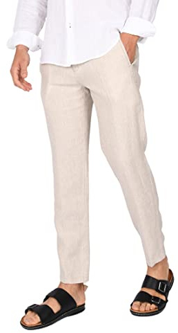 Ciabalù Pantalone Uomo Lino Elegante Pantaloni Capri Estivo Tasca America (50, Beige)