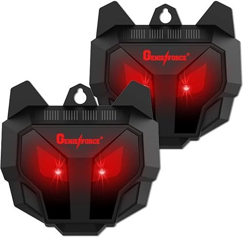 2 x Genieforce® Soldjurskrämma natt djurskrämma med röda LED-lampor mot vilda djur, rovdjur, mård, räv, tvättbjörn etc. Soldriven för trädgård, bondgård, hönshus GF-GC-03