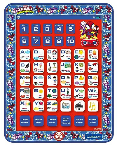 LEXIBOOK, Spidey and His Amazing Friends, Educational Bilingual Learning Tablet, Toy to learn alphabet letters numbers words spelling and music, English/Spanish, Blue/red, JCPAD002SPi2
