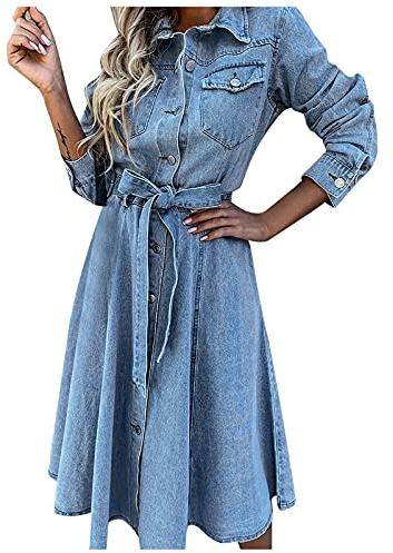 TDEOK Jeansklänning dam långärmad med bälte – jeansklänningar dam sommar knälång – blusklänning jeans skjortklänning lång omlottklänning midi sommarklänning V-ringad elegant fritidsklänning med