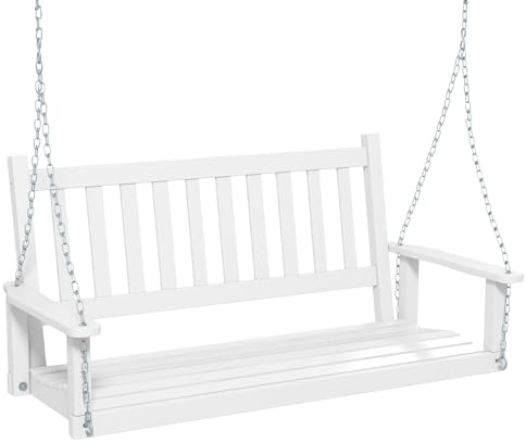 KOMFOTTEU Hängbänk av poppelträ, 2-3-sitsig gungbänk med justerbara metallkedjor, hängstol med ryggstöd av lameller, hollywoodgunga för trädgård (vit, 136 x 67 x 63 cm)