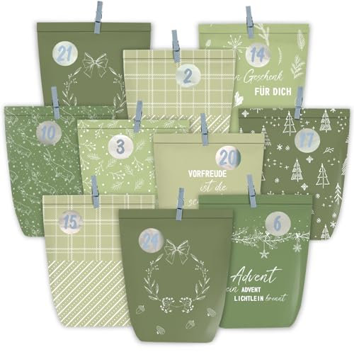 KOHMUI Adventskalender zum Befüllen, 24 Weihnachtskalender Papiertüten zum Selber Basteln, Geschenktüten zum Selbstbefüllen, Sanften Grüntönen