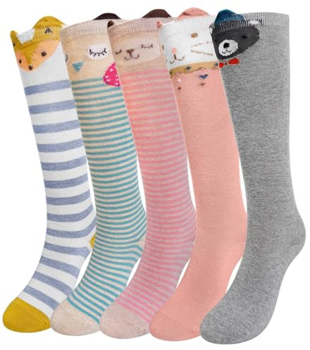 ZFSOCK Chaussette Haute Fille Enfant: Chaussettes Longues au Genou Sans Couture En Coton pour Filles - Chaussettes Rayées Animaux Colorées Cadeau Anniversaire Noël 5 Paires Taille 31-34 Renard