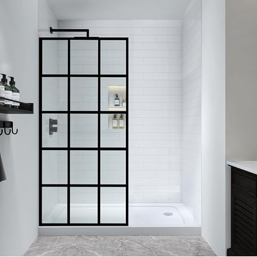 FELYL Black Grid Shower Glass Panel 34 W x 72 H, Matte Black, Framed Fixed Glass Panel, 5/16 (8mm) SGCC Tempered Glass, Reversible Installation