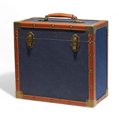 Steepletone 12 Vinyl Record Storage Box Case, with Carry Handle, Luxury Fabric and Leather Finish, Holds up to 45 LP's (Navy Blue Cloth & Brown Leather)