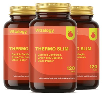 VITTALOGY Thermo Slim Quemagrasas Potente para Adelgazar con Efecto Termogénico de Garcinia, Té verde y Guaraná. Adelgazante Rápido y Efectivo. Fatburner Pérdida de Peso. 360 Cápsulas