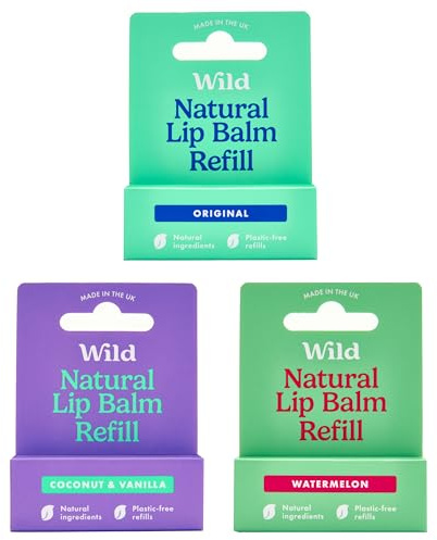 Wild - Natürlicher Nachfüllbarer Lippenbalsam - 3er-Pack Lippenbalsam in verschiedenen Duftnoten - enthält die Düfte Original, Coconut & Vanilla und Watermelon - ohne Bienenwachs