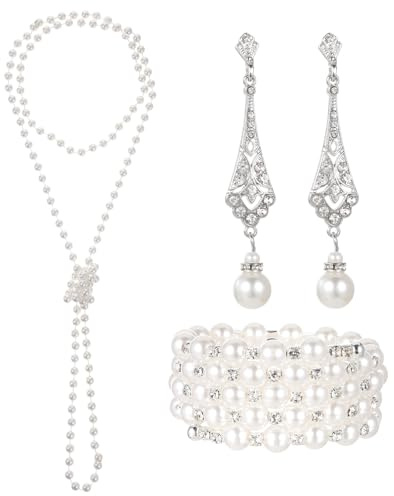 3 Pcs 1920s Pearl Jewelry Set Including Long Pearl Necklace Vintage Flapper Earrings Multilayer Pearl Bracelet Multilayer Imitation Pearl Necklace Bracelet Flapper Accessories for Women Christmas