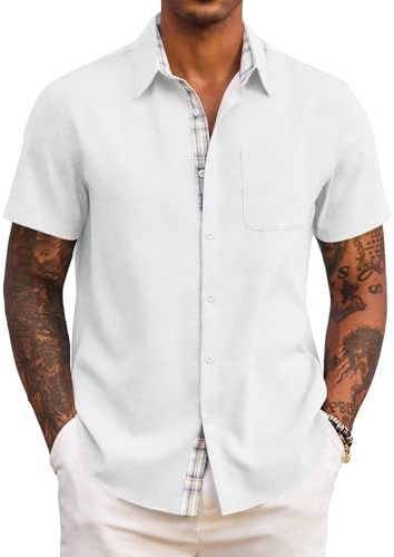COOFANDY Kortärmad sommartröja för män vardaglig normal passform skjortor semester strandskjorta med fickor, Vitt, 3XL