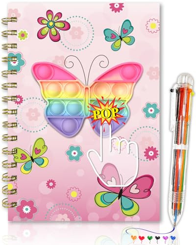 Hemlig Dagbok för Flickor med Penna, 21 x 14,5 cm 160 sidor Fjäril Fidget Barn Anteckningsbok och penna A5 spiral Set för Flickor Födelsedagspresenter Dagböcker för Barn 6–12 år | Fjäril spiral anteckningsbok flicka med 6 flerfärgade kulspetspennor fidget pop anteckningsblock barn presenter till flickor