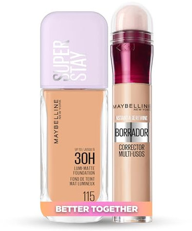 Maybelline New York Pack Base de Maquillaje Lumi Matte, Tono 115 + Maybelline New York Corrector de Ojeras, Bolsas e Imperfecciones,Tono: 01 Light, 6.8 ml