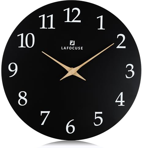 Lafocuse 30cm Reloj de Pared Madera Negro Silencioso Moderno, Fácil de Leer Reloj Pared Clasico, Analogico sin Tictac Decoracion para Salon Cocina Dormitorio Oficina