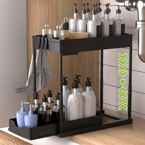 YOCOLE Sollevabile Organizzatore Sotto il Lavandino 2 Livelli, Scorrevole Scaffale Sottolavello Portaoggetti con 4 Ganci e 1 Bacinelle Sospese, Estraibile Cassetti Organizer per Cucina Bagno, Nero