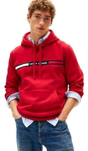 Tommy Hilfiger Sudadera con Capucha de Forro Polar de Peso Medio para Hombre con Logotipo de Rayas distintivas, Rojo Medio, S