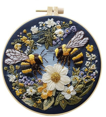 Awesocrafts Broderikit, bin blommor komplett utbud av broderi startkit för nybörjare vuxna gör-det-själv handgjorda enkla mönster (bi 1)