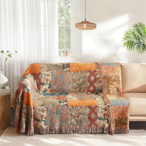 Wotcsil Plaid Divano Boho Floreale Coperta Boho per Divano Coperta Cotone Matrimoniale Copriletto Matrimoniale 200x230cm, Patchwork