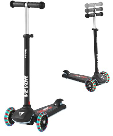 VEVOR Patinete 3 Ruedas, para Niños de 3 Años en Adelante, Ruedas Iluminadas, Manillar de Altura Ajustable, Base Antideslizante y Cuadro de Aluminio Ligero, hasta 75 kg, Negro, 520 x 250 x 800 mm