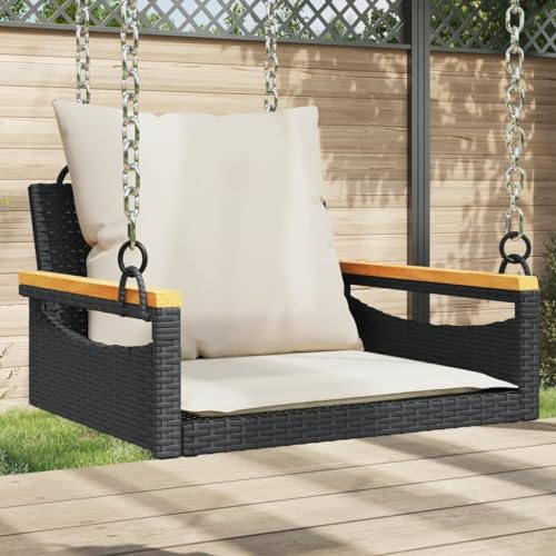 SKTQYQO Banc à bascule noir en polyrotin avec coussins 63 x 62 x 40 cm pour extérieur, structure en acier et bois d'acacia, suspension confortable, résistante aux intempéries et aux