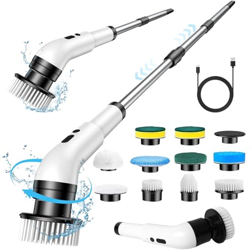 Iriisy Spazzola elettrica 10 in 1 per pulizia elettrica, con 10 testine intercambiabili, 3 velocità regolabili (350-450 giri/min), impermeabile IPX7, manico regolabile da 140 cm, per bagno, cucina e