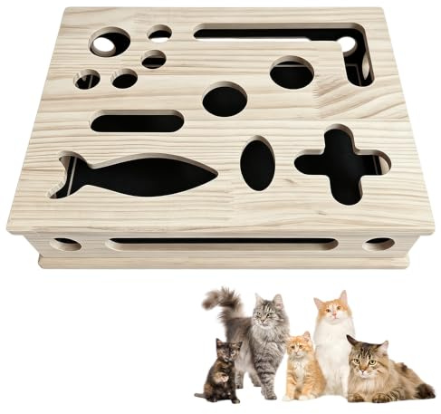 HOVCEH Rompecabezas rascador de madera, caja de juego, tabla para rascar gatos para el cuidado de las garras con 2 bolas de juguete, rompecabezas interactivo para gatos interactivos con papel de lija