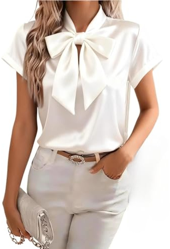 HESYSUAN Camisas de satén con cuello de lazo para mujer, elegantes blusas de seda de manga larga, casual, elegante, para negocios, trabajo, 2025, Blanco-1, S