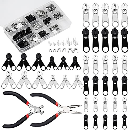 171 Pieces Zipper Repair Kit, Replacement Zip Slider Zipper Replacement with 2 Mini Pliers, for Garment, Bag, Jackets, Tents, Luggage