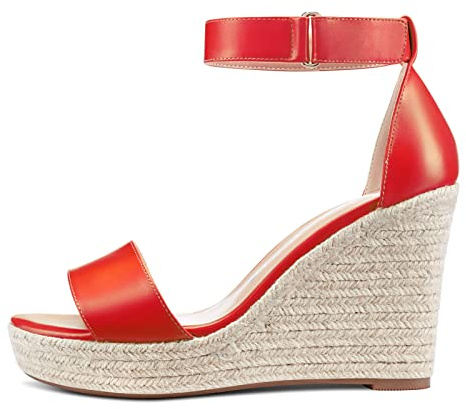 NobleOnly Women's Wedge Platform Peep-Toe Sandals High Heels Elegant Ankle-Strap Sandal Court Shoes 10CM Heel Red Matte Heels UK 7/7.5