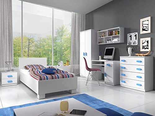 Fabryka Mebli Idźczak Kinderzimmer-Set Jonas I 01 - Schrank, Bett, Wandregal, Kommode, Schreibtisch, Nachttisch - Kleiderschrank - Skandinavischer Stil, Modern Design - Weiß/Blau