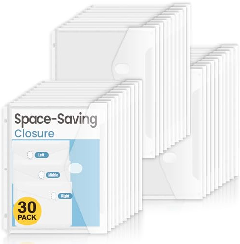 Sooez 30 Pack Binder Folders with Staggered Closures, High Capacity Binder Pockets, Clear Plastic folders, Side Loading, Binder Organizer, Binder Dividers with Pockets, Letter Size