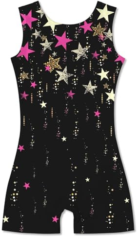 Idgreatim 5t 6t Girls Star Gymnastic Leotard Sparkly Black Starry Biketards Unitard with Short Ballet Dance Dress Athletic Activewear Outfits 5-6T
