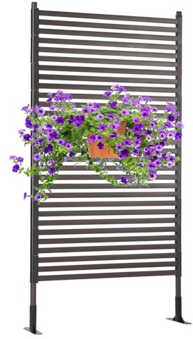 Metal Outdoor Privacy Screen with Stand, 3 ft W x 6 ft H PE-Coating Steel Pipes and Slats Panels, Decoative Privacy Screen Fence Panels Freestanding for Outside Patio Garden Backyard, Brown