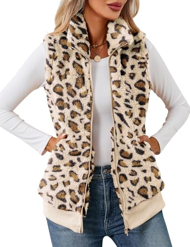IECCP teddy fleece väst dam varm ärmlös väst för höst och vinter teddyjacka ledig och lätt damväst höstrock med ståkrage, Aprikos leopard, XL