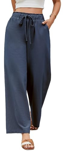 Niwicee Pantalon Femme Été Fluide Pantalons Taille Haute Elastique avec Cordon Pantacourt Jambe Large Ample Léger Pantalon Décontractée Longueur Pants Chic et Elegant avec Poches (Marine,XXL)