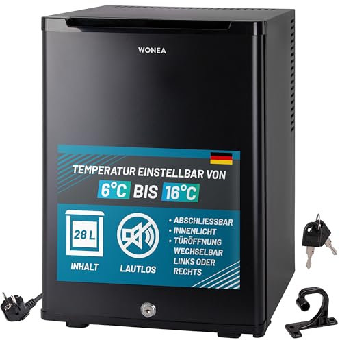 WONEA 28 Liter Mini Kühlschrank, lautlos, Minikühlschrank mit Schloss, Minibar abschließbar geräuschlos, Türanschlag wechselbar, ca. 4°-14°C Höhe 48cm, Innenraumbeleuchtung, Weinkühlschrank,