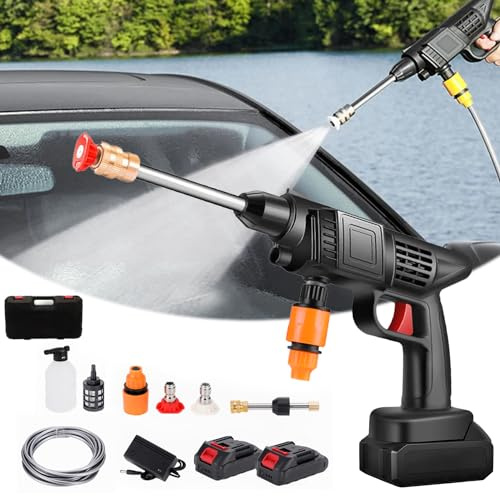 Nettoyeur haute pression, avec batterie de 60 bar, pour voiture, 1800 W, pistolet de lavage portable, tuyau de 5,2 m et accessoires avec 2 batteries, pour voiture, terrasse, noir