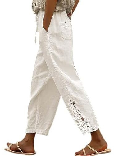 Cihdmfb Pantalon d'été pour femme - Léger - Fin - En lin - Fleurs - Dentelle - Ourlet cousu - Pantalon à enfiler - Couleur unie - Taille haute - Pantalon aéré - Pantalon de plage avec poches