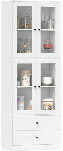 HOMCOM Buffet Haut Cuisine, Armoire de Cuisine, vaisselier, 4 Portes vitrées, 2 tiroirs et étagères réglables, Meuble de Rangement Moderne pour Salon, Salle à Manger, 59 x 30 x 170 cm, Blanc Brillant