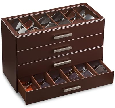 ProCase 24 Slots Sunglasses Organizer, 4-Layer Eyeglass Holder with Clear Glass Lid, PU Leather Glasses Storage Display Case for Men Women -Espresso